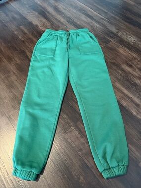 Women's Green Fleece Jogger Pants with Elastic Waist